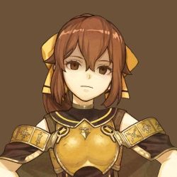 Rule 34 | 1girl, armor, bow, breastplate, brown background, brown eyes, brown hair, delthea (fire emblem), fire emblem, fire emblem echoes: shadows of valentia, hidari (left side), hypnosis, long hair, mind control, nintendo, official art, ponytail, portrait, simple background, solo