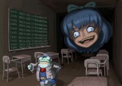 Rule 34 | 1boy, 1girl, black footwear, blue bow, blue eyes, blue hair, blue headwear, blue jumpsuit, boots, bow, brown jacket, chair, chalkboard, cirno, classroom, commentary, creepypasta, crossover, desk, disembodied head, english commentary, english text, fleeing, floating head, frog, furry, hair bow, hat, highres, indoors, iosys parody, jacket, jumpsuit, long sleeves, mario (series), nintendo, profitshame, running, school chair, school desk, short hair, slippy toad, star fox, super mario 64, touhou, what