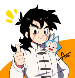 Rule 34 | 10s, 1boy, artist name, azu (kirara310), bad id, bad pixiv id, black eyes, black hair, cat, chinese clothes, dragon ball, dragon ball super, dragonball z, long hair, looking at viewer, male focus, open mouth, orange background, puar, scar, simple background, smile, thumbs up, white background, yamcha