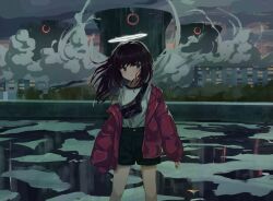 Rule 34 | 1girl, :c, bag, bare legs, black eyes, black hair, black shorts, blush, building, cooling tower, down jacket, dusk, dust cloud, evening, feet, floating hair, high-waist shorts, highres, jacket, kgt (pixiv12957613), long hair, long sleeves, looking to the side, off shoulder, open clothes, open jacket, original, outdoors, parted lips, red jacket, reflection, shirt, shorts, shoulder bag, solo, thighs, water, white shirt