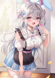 Rule 34 | 1girl, animal ears, apron, bell, belt buckle, black apron, blue bow, bow, breasts, buckle, cellphone, curtains, detached sleeves, fang, grey hair, greyscale, hair bow, hair ornament, hairclip, highres, holding, holding phone, large breasts, long hair, looking at viewer, monochrome, nail polish, neck bell, original, phone, pink bow, purple eyes, rabbit ears, retsuto, skirt, smartphone, smile, solo, thighhighs, two side up