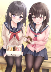 Rule 34 | 2girls, :d, black hair, black thighhighs, blue sailor collar, blue shirt, blue skirt, blush, bow, breasts, brown cardigan, brown hair, brown pantyhose, cardigan, closed mouth, collarbone, commentary request, doughnut, food, ginkgo leaf, hair between eyes, hair bow, hair ornament, hairclip, highres, holding, holding food, leaf, long hair, long sleeves, looking at viewer, medium breasts, multiple girls, neckerchief, on bench, open mouth, original, pantyhose, pastry box, pink bow, pink cardigan, pleated skirt, purple eyes, red eyes, red neckerchief, sailor collar, school uniform, serafuku, shirt, sitting, skirt, sleeves past wrists, smile, thighhighs, white shirt, yukimaru217