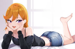 Rule 34 | 1girl, :d, absurdres, ass, bad id, bad pixiv id, bare legs, bare shoulders, barefoot, black shirt, blonde hair, blue shorts, bra strap, commentary, crop top, denim, denim shorts, hands on own cheeks, hands on own face, highres, leg up, long hair, long sleeves, looking at viewer, love live!, love live! superstar!!, lying, midriff, mutsu ane daisuki, off-shoulder shirt, off shoulder, on stomach, open mouth, purple eyes, shibuya kanon, shirt, short shorts, shorts, smile, solo, symbol-only commentary, thighs