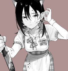 Rule 34 | 1girl, animal ear fluff, animal ears, apron, blood, blood on face, bloody weapon, bowtie, cat ears, greyscale, hair between eyes, hair ribbon, hand up, heart, highres, holding, holding knife, knife, looking at viewer, medium hair, monochrome, original, pout, ribbon, shirt tucked in, short sleeves, simple background, solo, spot color, toyosaka, undone bowtie, upper body, waitress, weapon, wrist cuffs