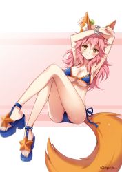 Rule 34 | 10s, 1girl, animal ears, armpits, arms up, ass, bikini, blue bikini, blush, breasts, cleavage, collarbone, commentary request, fate/extra, fate (series), fox ears, fox tail, highres, large breasts, long hair, looking at viewer, nyanya, pink hair, side-tie bikini bottom, simple background, sitting, smile, solo, swimsuit, tail, tamamo (fate), tamamo no mae (fate/extra), tamamo no mae (swimsuit lancer) (fate), yellow eyes