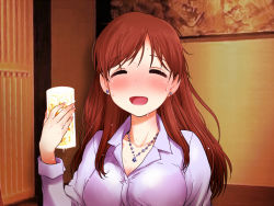 Rule 34 | 10s, 1girl, alcohol, beer, breasts, brown hair, cleavage, cup, drinking glass, drunk, earrings, closed eyes, idolmaster, idolmaster cinderella girls, jewelry, long hair, medium breasts, necklace, nitta minami, open mouth, sakaki imasato, sketch, solo