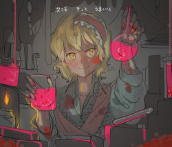 Rule 34 | 1girl, alice margatroid, bad id, bad pixiv id, blonde hair, blouse, bow, chemistry set, hair bow, menbou (nonnontako), potion, raised eyebrow, shirt, short hair, smile, solo, stained clothes, touhou, vial, yellow eyes