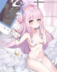 Rule 34 | 1girl, 2drr, :o, bare arms, bare shoulders, bed, bikini, blue archive, blush, breasts, cellphone, collarbone, commentary, crescent, curtains, day, feathered wings, flower, hair bun, hair flower, hair ornament, halo, highres, holding, holding phone, indoors, long hair, low wings, mika (blue archive), navel, paid reward available, parted lips, phone, pillow, pink hair, purple flower, single side bun, small breasts, solo, sunlight, swimsuit, transparent, very long hair, white bikini, white wings, window, wings