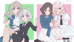 4girls bang_dream! bang_dream!_it&#039;s_mygo!!!!! belt black_belt black_choker black_jacket black_necktie black_shorts black_thighhighs blue_eyes blue_jacket bow chihaya_anon choker clenched_teeth closed_mouth collared_shirt commentary cosplay costume_switch dress ebizuka_tomo fang fishnet_thighhighs fishnets frilled_jacket frills girls_band_cry grey_eyes grey_hair hair_bow hairband hashtag-only_commentary heart_hands_failure heterochromia highres instrument_connection jacket jewelry juliet_sleeves kaname_raana kawaragi_momoka long_hair long_sleeves multiple_girls nagayama_momo necklace necktie open_mouth pink_hair puffy_sleeves red_eyes shirt short_hair shorts sitting skin_fang skirt sleeves_past_elbows squatting teeth thighhighs twitter_username white_bow white_dress white_hair white_hairband white_shirt white_skirt white_thighhighs yellow_eyes