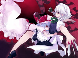 Rule 34 | 2girls, bad id, bad pixiv id, bat wings, between fingers, blue hair, braid, female focus, hat, holding, hug, izayoi sakuya, knife, koto (colorcube), maid, maid headdress, mary janes, multiple girls, no socks, outstretched arms, red eyes, remilia scarlet, shoes, silver hair, smirk, spread arms, throwing knife, touhou, twin braids, weapon, wings