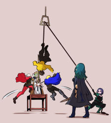 Rule 34 | 2boys, 4girls, axe, byleth (female) (fire emblem), byleth (fire emblem), camera, cape, claude von riegan, dimitri alexandre blaiddyd, edelgard von hresvelg, fire emblem, fire emblem: three houses, from behind, full body, hanging, holding, holding rope, jumping, multiple boys, multiple girls, nintendo, pantyhose, rhea (fire emblem), rope, shamir nevrand, simple background, standing, taking picture, upside-down, yama nedo