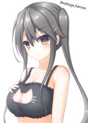 Rule 34 | 10s, 1girl, alternate costume, alternate hairstyle, black hair, blush, bra, breasts, brown eyes, cat cutout, cat lingerie, cleavage cutout, clothing cutout, collarbone, frown, hair ornament, hairclip, hand on own chest, haruna (kancolle), kantai collection, long hair, looking at viewer, medium breasts, meme attire, natsuya (pucelle), no headgear, simple background, solo, twintails, twitter username, underwear, underwear only, upper body, white background