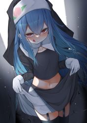 Rule 34 | 1girl, absurdres, black thighhighs, blue hair, blush, closed mouth, collarbone, gloves, habit, hair between eyes, highres, hinanawi tenshi, long hair, long sleeves, navel, nun, red eyes, smile, solo, thighhighs, tongue, tongue out, touhou, tsune (tune), white gloves