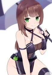 Rule 34 | 1girl, ba ai, black dress, blush, breasts, brown hair, cleavage, collarbone, commentary, commission, dress, english commentary, green eyes, grey thighhighs, halter dress, halterneck, highres, holding, holding umbrella, indie virtual youtuber, journey croix, large breasts, looking at viewer, over shoulder, race queen, second-party source, skeb commission, smile, solo, thighhighs, umbrella, virtual youtuber, white background