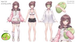 Rule 34 | 1girl, ahoge, bare arms, bare legs, bare shoulders, barefoot, black choker, black shorts, breasts, brown hair, camisole, character sheet, choker, cleavage, collared shirt, crop top, dolphin shorts, drawstring, dress shirt, feet, full body, green eyes, hair bun, hair over shoulder, highres, hood, hood down, hoodie, hugging doll, hugging object, large breasts, legs, long hair, long sleeves, looking at viewer, loose thighhigh, midriff, miori celesta, miori celesta (6th costume), mogu (miori celesta), multiple views, navel, official art, ozzingo, partially unbuttoned, pink sleeves, puffy sleeves, raglan sleeves, shirt, shoes, short shorts, shorts, sleep mask, sleeveless, sleeveless shirt, smile, spaghetti strap, standing, stomach, thighhighs, thighs, tsunderia, virtual youtuber, white footwear, white hoodie, white shirt, white thighhighs