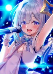 Rule 34 | 1girl, :d, amane kanata, angel, angel wings, arm up, armpits, asymmetrical hair, backlighting, blue bow, blue bowtie, blue hair, blush, bob cut, bow, bowtie, colored inner hair, confetti, diffraction spikes, feathered wings, gloves, hair over one eye, half-closed eyes, halo, highres, holding, holding microphone, hololive, hololive idol uniform, idol, looking at viewer, microphone, mini wings, mizuno kurage, multicolored hair, official alternate costume, open mouth, pink hair, purple eyes, short hair, silver hair, single hair intake, sleeveless, smile, solo, stage, star halo, streaked hair, sweat, teeth, upper body, upper teeth only, vest, virtual youtuber, white gloves, white vest, white wings, wing ribbon, wings, wrist cuffs