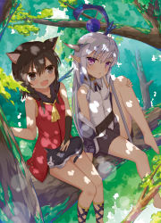 Rule 34 | 2girls, :d, :o, animal, animal ear fluff, animal ears, animal on lap, aroma0501, bare shoulders, barefoot, black shorts, bridal gauntlets, brown eyes, brown hair, brown skirt, cat, cat ears, collared shirt, dappled sunlight, day, dragon girl, dragon horns, dragon tail, dress, dress shirt, fang, hair between eyes, highres, horns, in tree, jacket, knee up, long hair, multiple girls, off shoulder, on lap, open clothes, open jacket, open mouth, original, outdoors, parted lips, pink eyes, pleated skirt, pointy ears, purple jacket, red dress, shirt, short shorts, shorts, shorts under dress, silver hair, skirt, sleeveless, sleeveless shirt, smile, staff, sunlight, tail, tree, very long hair, white shirt
