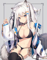 Rule 34 | 1girl, absurdres, animal ear fluff, animal ears, bandaged arm, bandages, bare shoulders, bikini, black bikini, black collar, black thighhighs, blue nails, breasts, brown eyes, cleavage, collar, collarbone, commentary request, dream catcher, fang, fur-trimmed hood, fur trim, grey background, hair between eyes, hair ornament, hairclip, hand up, highres, hood, hood up, hooded jacket, jacket, large breasts, long hair, long sleeves, looking at viewer, mayogii, multicolored nails, nail polish, navel, off shoulder, open clothes, open jacket, orange nails, original, parted lips, sitting, sleeves past fingers, sleeves past wrists, solo, swimsuit, tail, thighhighs, white hair, white jacket