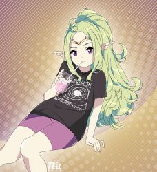 Rule 34 | 1girl, ahoge, black shirt, circlet, contemporary, drinking, drinking straw, fire emblem, glass, green hair, highres, knees together feet apart, long hair, nintendo, nowi (fire emblem), petite, pointy ears, ponytail, purple eyes, purple shorts, r3dfive, shirt, short shorts, shorts, sitting, solo, t-shirt, watermark