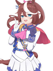 Rule 34 | 1girl, :d, absurdres, animal ears, asymmetrical gloves, blue eyes, bow, brown hair, cherng, gloves, hair bow, highres, horse ears, horse girl, horse tail, jacket, long hair, long sleeves, looking at viewer, mismatched gloves, multicolored hair, neckerchief, open mouth, pink neckerchief, purple gloves, simple background, skirt, smile, streaked hair, tail, tokai teio (umamusume), umamusume, white background, white gloves, white jacket, white skirt