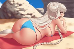Rule 34 | 1girl, artist name, ass, azur lane, beach, bikini, blush, braid, breasts, head rest, double bun, formidable (the lady of the beach) (azur lane), kuroonehalf, large breasts, long hair, looking at viewer, looking back, lying, on stomach, outdoors, red eyes, silver hair, single thighhigh, skindentation, sky, solo, swimsuit, thick thighs, thighhighs, thighs, towel