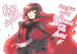 Rule 34 | 1girl, black dress, blazblue, blazblue: cross tag battle, cape, cat with a brush, commentary request, copyright name, corset, dress, english text, ruby rose, rwby, solo, title, white background