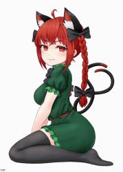 Rule 34 | 1girl, ahoge, animal ear fluff, animal ears, bad anatomy, black thighhighs, blush, bow, bowtie, braid, cat ears, crossed bangs, dress, extra ears, from side, full body, green dress, highres, kaenbyou rin, light smile, long hair, looking at viewer, multiple tails, nekomata, red eyes, red hair, self-upload, simple background, sitting, solo, tail, thighhighs, touhou, twin braids, twintails, two tails, wariza, white background, yyf (seaknight)