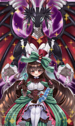 2girls absurdres artist_name blush bow bowtie braid breasts brown_hair buttons card claws commission dragon dragon_horns dragon_wings dragonmaid_sheou duel_disk duel_monster flower_knight_girl frills green_bow green_eyes hand_on_own_leg hat highres homi28 horns large_breasts long_hair long_sleeves looking_at_viewer mini_hat mini_top_hat multiple_girls orange_eyes princess_dress purple_background sitting skeb_commission smile sparkle thighhighs top_hat twin_braids very_long_hair welwitschia_(flower_knight_girl) western_dragon white_thighhighs wings yu-gi-oh!