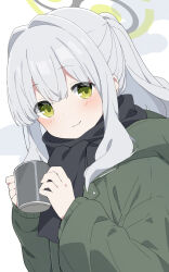 Rule 34 | 1girl, black scarf, blue archive, blush, closed mouth, cup, green eyes, green jacket, grey hair, halo, hare (blue archive), hare (camp) (blue archive), highres, holding, holding cup, jacket, long hair, long sleeves, looking at viewer, mochigome (ununquadium), no headwear, official alternate costume, ponytail, scarf, simple background, smile, solo, upper body, white background
