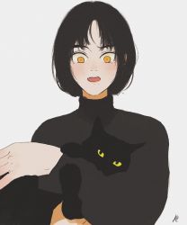 Rule 34 | 1girl, akino kogomi, animal, annoyed, bad id, bad pixiv id, black hair, cat, highres, holding, holding animal, long sleeves, looking at another, looking down, mole, mole under eye, mole under mouth, open mouth, original, parted bangs, short hair, turtleneck, upper body, yellow eyes