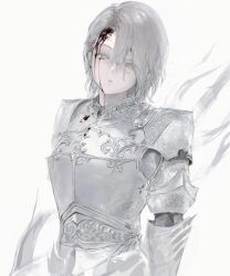Rule 34 | 1boy, absurdres, androgynous, armor, arms at sides, bleeding from forehead, blood, blood on face, blue eyes, breastplate, dion lesage, empty eyes, expressionless, final fantasy, final fantasy xvi, gauntlets, grey hair, grey theme, highres, injury, limited palette, looking at viewer, male focus, parted lips, pauldrons, qiqiqiqi, short hair, shoulder armor, simple background, solo, standing, swept bangs, upper body, white background