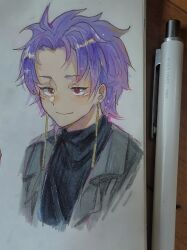 Rule 34 | 1boy, art tools in frame, black sweater, chinese commentary, closed mouth, commentary request, earrings, grey jacket, highres, jacket, jewelry, male focus, marker (medium), open clothes, open jacket, purple hair, quanmei233, red eyes, saibou shinkyoku, short hair, smile, solo, sweater, theodore riddle, traditional media, turtleneck, turtleneck sweater