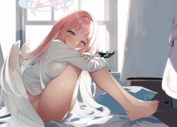 Rule 34 | 1girl, barefoot, bed, blue archive, blush, bottomless, breast press, breasts, feathered wings, flower, gradient hair, halo, hato haru, indoors, large breasts, long hair, long sleeves, looking at viewer, mika (blue archive), multicolored hair, naked shirt, on bed, pink hair, shirt, sitting, smile, solo, very long hair, white flower, white shirt, white wings, window, wings