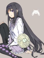 Rule 34 | 1girl, akemi homura, argyle, argyle clothes, argyle legwear, arm support, black hair, black pantyhose, blouse, buckler, foot out of frame, frilled skirt, frills, from side, grey background, haimura kiyotaka, hairband, hand on own knee, highres, knee up, long hair, long sleeves, looking at viewer, mahou shoujo madoka magica, mahou shoujo madoka magica (anime), neck ribbon, open mouth, pantyhose, purple eyes, purple hairband, purple ribbon, purple skirt, ribbon, sailor collar, shield, shirt, sidelocks, simple background, sitting, sketch, skirt, sleeves past wrists, solo, very long hair, white shirt