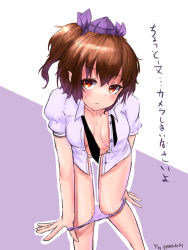 Rule 34 | 1girl, :c, artist name, bad id, bad pixiv id, blush, breasts, brown hair, collarbone, collared shirt, convenient censoring, cowboy shot, hat, highres, himekaidou hatate, leaning forward, looking at viewer, necktie, no bra, open clothes, open shirt, panties, panty pull, puffy short sleeves, puffy sleeves, purple background, purple panties, purple shirt, pyonsuke (pyon2 mfg), red eyes, shirt, short hair, short sleeves, signature, simple background, small breasts, solo, tokin hat, touhou, translation request, twintails, underwear, undressing, untied, white background