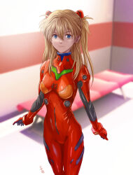 Rule 34 | 1girl, blue eyes, bodysuit, breasts, brow, closed mouth, cowboy shot, hair between eyes, highres, interface headset, kazumiminagawa, light brown hair, long hair, looking at viewer, medium breasts, neon genesis evangelion, pilot suit, plugsuit, red bodysuit, shiny clothes, simple background, smile, solo, souryuu asuka langley, standing, twintails, twirling hair