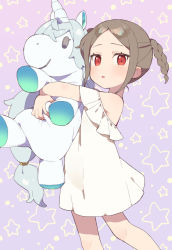 Rule 34 | 1girl, bare shoulders, braid, brown eyes, brown hair, child, dress, eyebrows, forehead, horns, hugging object, lily (moyori), long hair, looking at viewer, moyori, open mouth, original, single horn, solo, stuffed animal, stuffed toy, stuffed unicorn, twin braids, white dress