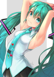 Rule 34 | 1girl, 39, :3, absurdres, aqua eyes, aqua hair, aqua necktie, armpits, arms up, badge, bare shoulders, black skirt, commentary, grey background, grey shirt, hair ornament, halha 20, hatsune miku, heart, highres, long hair, looking at viewer, necktie, pillarboxed, pleated skirt, shirt, signature, skirt, sleeveless, sleeveless shirt, smile, solo, spring onion, tie clip, twintails, upper body, very long hair, vocaloid