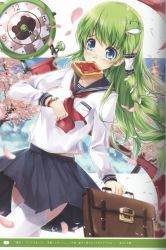 Rule 34 | 1girl, alternate costume, blue eyes, bread slice, female focus, food, food in mouth, frog, frog hair ornament, green hair, hair ornament, hair tubes, highres, kochiya sanae, late for school, miyase mahiro, mouth hold, necktie, running, school uniform, serafuku, snake, solo, thighhighs, toast, toast in mouth, touhou, watch, white thighhighs, zettai ryouiki