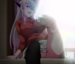 Rule 34 | anime screenshot, bare legs, barefoot, breasts, disgust, feet, foot focus, foot up, highres, large breasts, leg lift, mato seihei no slave, panties, pink panties, red eyes, skin tight, stitched, thighhighs, third-party edit, underwear, uzen kyouka, white hair