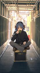 Rule 34 | 1girl, alley, amplifier, bell-bottoms, black footwear, black shirt, blue hair, bocchi the rock!, brown footwear, checkered footwear, commentary, converse, crossed legs, cup, english commentary, grey pants, headphones, highres, jl tan, looking down, marshall amplification, medium hair, mole, mole under eye, pants, photo background, shirt, sitting, solo, yamada ryo, yellow eyes, yunomi