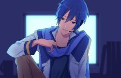 Rule 34 | 1boy, backlighting, blue eyes, blue hair, blue scarf, blue shirt, book, brown pants, coat, commentary, headset, highres, kaito (vocaloid), looking at viewer, male focus, nokuhashi, pants, parted lips, removing, scarf, screen light, shirt, sitting, smile, solo, upper body, vocaloid, white coat