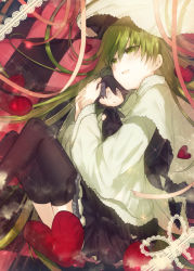 Rule 34 | 0 0, 1girl, black skirt, black thighhighs, blouse, blush, capelet, cecilia (shiro seijo to kuro bokushi), character doll, checkered background, commentary request, cover, cover page, hugging doll, frilled skirt, frills, green eyes, green hair, hair between eyes, heart, hug, kazutake hazano, long hair, lying, hugging object, on side, open mouth, pink ribbon, ribbon, shiro seijo to kuro bokushi, shirt, skirt, smile, solo, sparkle, thighhighs, white shirt, wide sleeves
