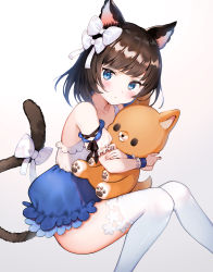 Rule 34 | 1girl, absurdres, animal ears, bare shoulders, blue eyes, blunt bangs, blush, bow, brown hair, cat ears, cat girl, cat tail, closed mouth, collarbone, commentary request, detached sleeves, dress, feet out of frame, frilled cuffs, frilled sleeves, frills, hair bow, highres, holding, holding stuffed toy, invisible chair, looking at viewer, medium hair, multiple hair bows, nishizawa, original, pout, single detached sleeve, sitting, solo, stuffed animal, stuffed dog, stuffed toy, tail, tail bow, tail ornament, thighhighs, white bow, white thighhighs, wrist cuffs