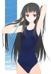 Rule 34 | armpits, black hair, flat chest, kusaka souji, long hair, one-piece swimsuit, red eyes, school swimsuit, solo, swimsuit
