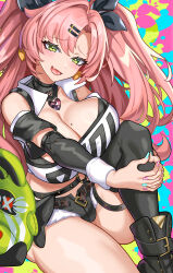 Rule 34 | 1girl, :d, absurdres, belt, black footwear, black ribbon, black thighhighs, blue nails, blush, boots, breasts, brown belt, cleavage, commentary, fang, green eyes, hair ornament, hair ribbon, hairclip, highres, knee up, large breasts, long hair, long sleeves, looking at viewer, midriff, nail polish, nez-box, nicole demara, open mouth, pink hair, pink nails, ribbon, sitting, skin fang, smile, solo, strapless, thigh strap, thighhighs, thighs, tube top, two side up, very long hair, zenless zone zero