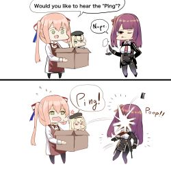 Rule 34 | 2koma, 3girls, anger vein, beret, blonde hair, box, brown hair, cardboard box, chibi, comic, english text, girls&#039; frontline, green eyes, green headwear, hat, highres, holding, holding box, in box, in container, long sleeves, springfield (girls&#039; frontline), m1 garand (girls&#039; frontline), motion lines, multiple girls, one eye closed, open mouth, pantyhose, purple hair, shiben (ugvu5784), simple background, speech bubble, standing, wa2000 (girls&#039; frontline), white background
