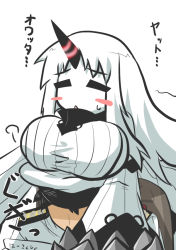 Rule 34 | 10s, 1boy, 1girl, abyssal ship, admiral (kancolle), blush stickers, breast press, breasts, colored skin, commentary request, dress, goma (gomasamune), hat, horns, kantai collection, large breasts, long hair, military, military uniform, naval uniform, open mouth, pale skin, ribbed dress, seaport princess, simple background, single horn, sweatdrop, translation request, triangle mouth, uniform, white background, white dress, white hair, white skin