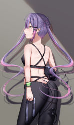 Rule 34 | 1girl, ass, black bra, black pants, bra, breasts, contrapposto, demon girl, demon tail, ear piercing, from behind, gradient hair, green eyes, hair between eyes, hair ornament, hairclip, highres, hololive, long hair, multi-strapped pants, multicolored hair, open mouth, pants, piercing, pink hair, pointy ears, purple hair, rryiup, small breasts, solo, sports bra, streaked hair, sweatband, tail, tokoyami towa, twintails, underwear, very long hair, virtual youtuber, yoga pants