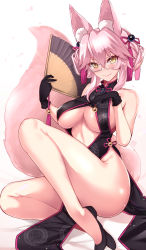 Rule 34 | 1girl, animal ear fluff, animal ears, bare shoulders, bell, black dress, black footwear, black gloves, blush, breasts, center opening, china dress, chinese clothes, closed mouth, commentary request, dress, fate/grand order, fate (series), folding fan, fox ears, fox girl, fox tail, glasses, gloves, hair between eyes, hand fan, highres, hip focus, jingle bell, koyanskaya (chinese lostbelt outfit) (fate), koyanskaya (fate), large breasts, legs, long hair, looking at viewer, pink hair, sidelocks, simple background, smile, solo, tail, tamamo (fate), thighs, underboob, untue, white background, yellow eyes